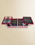 132-piece set includes 12 watercolors, palette, 28 colored pencils, 24 oil pastels, 26 crayons, 30 markers, water bottle, 2 brushes, sponge, 2 pencils, sharpener, eraser, clear and white glue. Sturdy aluminum case opens to reveal 2 fold-out trays and 2 large storage compartments.Suitable for ages 3 and upOverall, 13W x 9HImported