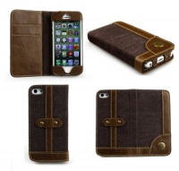 Bear Motion (TM) Luxury Denim + 100% Genuine Buffalo Hide Leather Wallet Folio Case for iPhone 5 - Brown