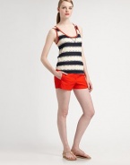 Nautical stripes are layered over a refreshing print making this tank top a must-have this season.U-necklineSleevelessAllover stripes and printContrast trimPull-on styleAbout 26 from shoulder to hem60% cotton/40% polyester; rayon trimMachine washImported Model shown is 5'10 (177cm) wearing US size Small. 