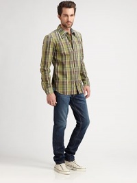 A casual, cool button-front style in washed, plaid-checked cotton.Button-frontChest patch pocketCottonMachine washMade in USA