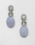 From the Carved Cable Collection. This ethereal style features a blend of blue chalcedony, prasiolite and aqua chalcedony, accented with brilliant diamonds and sleek sterling silver. Blue chalcedony, prasiolite and aqua chalcedonyDiamonds, .24 tcwSterling silverDrop, about 1Post backImported 