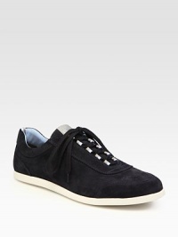 Sporty styling in supple Italian sueded calfskin elevates your casual wardrobe.Padded insoleRubber soleMade in Italy