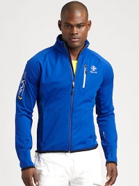 Constructed from breathable seam-sealed mechanical stretch twill, a full-zip mockneck jacket makes a smart statement with moisture-wicking technology and bold neon details.Double zip frontStand collarZippered chest, side slash pocketsElasticized drawcord hemFully linedAbout 27 from shoulder to hemPolyesterMachine washImported