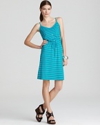 Flaunt a vivid silhouette in this striped Three Dots dress, accented with a drawstring waist for a feminine finish.