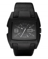 Superhero style in black on black, by Diesel. Black leather strap and rectangular black ion-plated stainless steel case, 36x49mm. Black dial features applied numerals and stick indices, printed minute track, day and date window at three o'clock, luminous hands and logo. Quartz movement. Water resistant to 50 meters. Two-year limited warranty.