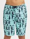 Modern, quick-dry trunks for the beach, board and beyond with with a printed beach-drink design and comfortable knee length. Drawstring waistBack flap pocketsPockets: mesh liningInseam, about 9½PolyesterMachine washImported 