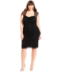 Sheer lace cap sleeves are the crowning touch on Xscape's plus size dress--play up this luxe look with jeweled shoes and plenty of sparkling accessories!