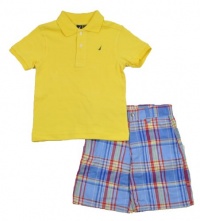 Nautica Sportswear Boys Solid Pique Polo 2Pc Plaid Short Set (7X, Citrus)