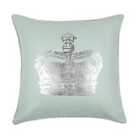 Mint-hued linen pillow presents a foil-print crown on its face with silver-piped edge seams. Pillow reverses to solid mint linen. Also available in neutral, cream-colored canvas.