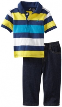 Nautica Sportswear Kids Baby-boys Infant Short Sleeve Striped Polo with Denim Jean, Lemonade, 18 Months