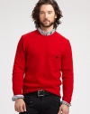 A Shetland wool crewneck sweater, a cold-weather staple for the dapper dressers of the English countryside for decades, gets an update with luxe suede elbow patches and a leather-button chest pocket.CrewneckRibbed knit collar, cuffs and hem90% merino wool/10% angora rabbit hairHand washImported