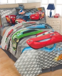 Zoom off to sleep in the plush comfort and fun design of the Disney Cars comforter set. Featuring bold racing graphics, appliqués, embroidery and the peppy characters of the hit movie, this comforter set is sure to rev up your room with playful, eye-catching style. (Clearance)