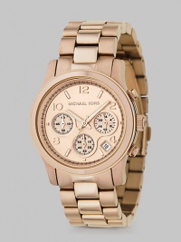 A sporty chronograph timepiece with date display in a rose goldplated stainless steel.Quartz movement Water resistant to 5 ATM Rose goldplated round stainless steel case, 38mm, (1.49) Light rose gold chronograph dial Date display between 4 and 5 o'clock Arabic numeral and index hour markers Second hand Rose goldplated link bracelet Deployment buckle Imported 