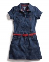 GUESS Kids Girls Pindot Denim Dress with Red Belt, DARK STONEWASH (10/12)