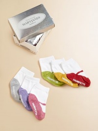 Six pairs of colorful Mary Jane socks packaged in a striking, metallic box.80% cotton/17% acrylic/3% spandexMachine washImportedAdditional InformationKid's Shoe Size Guide (European Equivalent) 