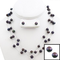 3-Row Blue Color Genuine Freshwater Pearl 18 Necklace and Earrings Set 7-8mm