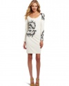 HALSTON HERITAGE Women's Long Sleeve Round Neck Embellished Dress, Cream, 0