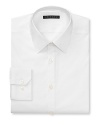 Solid dress shirt with spread collar, two button mitered cuffs. Contemporary fit through the body.