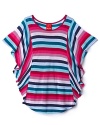 Stripes and ruffle flutter sleeves blend perfectly for a free-spirited look. Comes with a cami underlayer.