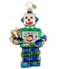 Low tech, high spirits. With gears made of glitter and arms and legs hinged in glass, Christopher Radko's handmade Yule-Bot ornament will be a whimsical presence at all future holidays.