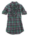 The essential shirtdress is rendered in an ultra-comfortable cotton flannel in a preppy plaid design with pretty ruffles.