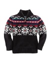 An essential Half-Zip Mockneck Sweater is rendered with an intarsia-knit snowflake motif for seasonal style.