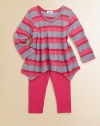 A striped tunic with an asymmetrical hem sits atop a pair of matching leggings for a pretty ensemble. Tunic V-neckLong sleevesPullover stylePrincess seamsAsymmetrical hem Leggings Elastic waistband68% polyester/32% cottonMachine washImported