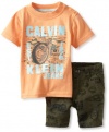 Calvin Klein Baby-boys Infant Tee With Printed Short, Orange, 18 Months