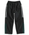 As your little boy demonstrates his vortex of energy, the elastic waistband will hold these roomy adidas pants in place.