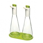 Adjust the flow of liquid while you pour for perfectly dressed salads and dishes. Simply depress the large button on each cap to control the flow as you pour - pressing more for thicker liquids, such as oil, and less for thinner, such as vinegar. The flasks curved shape is intuitive to hold and stores easily on the accompanying silicone coaster.