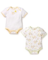 Bright-eyed on one bodysuit and somewhat sleepy on the other, the adorable owls on these cotton bodysuits adorn baby with cuteness.