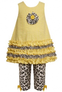 Size-5, Yellow, BNJ-7532R 2-Piece Ruffle Border Seersucker Dress and Leopard Animal-Print Legging Set, Bonnie Jean Little Girls Party Dress