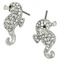 Small Adorable Sparkling Clear Crystal Seahorse Stud Earrings Silver with Rhodium Plating