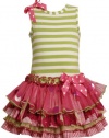 Size-5, Green, BNJ-8036R Striped Knit to Multi Tiered Mix-Print Drop Waist Dress,R38036 Bonnie Jean Little Girls Girl Party Dress