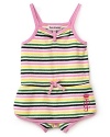 Vibrant multicolored stripes and contrast scalloped trim give this warm-weather romper with skort a snappy energy for summer fun in the backyard.