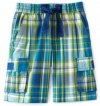 Kitestrings Boys 2-7 Toddler Elastic Waist Cargo Pocket Short, Blue Plaid, 4T