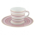 Inspired by Milleraies, Raynaud's spearhead tableware set, Attraction boasts a freer, more modern design with alternating narrow and wide stripes. It will embellish any table with its shades of pink and red, enhanced with mauve and orange and underscored subtle shades of green and brown.