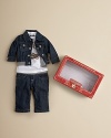 A sporty set for baby-logo tee, jeans and an on-trend denim jacket with elasticized ribbing for changing ease.