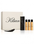 An inspiration from the Marshmallow. A pure sensual treat. A travel spray for men and women. A magnetic object, literally. A monolith engraved with the Achilles' shield, signature of L'Oeuvre noire collection. As always, the travel spray is refillable, to travel with your favorite Kilian fragrance. Set of four 0.25 oz. sprays. 