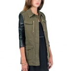 Vobaga Women's Military Green Contrast Pu Leather Sleeve Stud Collar Jacket Coat Blazer S-l