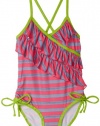 Pink Platinum Girls 7-16 Heather Stripe One Piece, Fuschia, 10/12