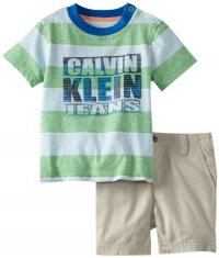 Calvin Klein Baby-boys Infant Stripe Tee with Shorts, Green, 24 Months