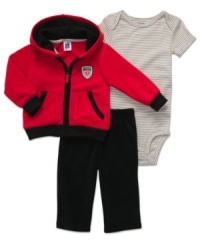 Get him ready to rock through the day in this comfortable bodysuit, hoodie and pant set from Carter's.