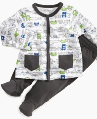 Whether he's traveling by trains, planes or automobiles, he'll be comfy and cozy in this fun shirt and footed pant set from First Impressions.