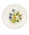 Garden party. The Floral Meadow Sunflower accent salad plates bring eternal spring with a bouquet of indigo and gold rooted in resilient everyday porcelain. A scalloped edge adds to the charm of the graceful mix-and-match Lenox collection. (Clearance)