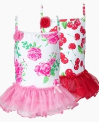 Do a happy dance. She'll be ready to jump and jive in the sun and sand with one of these sweet tutu one-piece swimsuits from Flapdoodles. (Clearance)