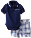 Calvin Klein Baby-boys Newborn Navy Polo Bodysuit with Plaided Shorts, Blue, 3-6 Months