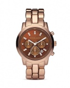 A rich chocolate-hued mother of pearl dial is offset by a rose-gold tone bracelet.