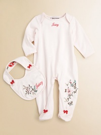 Dainty logo and floral embroidery define this charming set for your little princess.Envelope necklineLong sleevesPullover styleBottom snapsFooted bottomFootie: Cotton/SpandexBib: Cotton/PolyesterMachine washImported Please note: Number of snaps may vary depending on size ordered. 