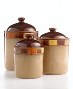 Thanks to a traditional reactive glazing, no two pieces of this bold dinnerware collection from Gibson are exactly alike. Rendered in deep, earthy hues, these striking canisters make a one-of-a-kind statement in any home.